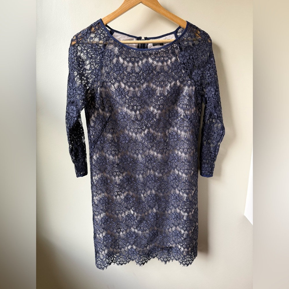 TIBI Navy Blue Lace Overlay Sheath Dress Cocktail Feminine Floral Evening 2